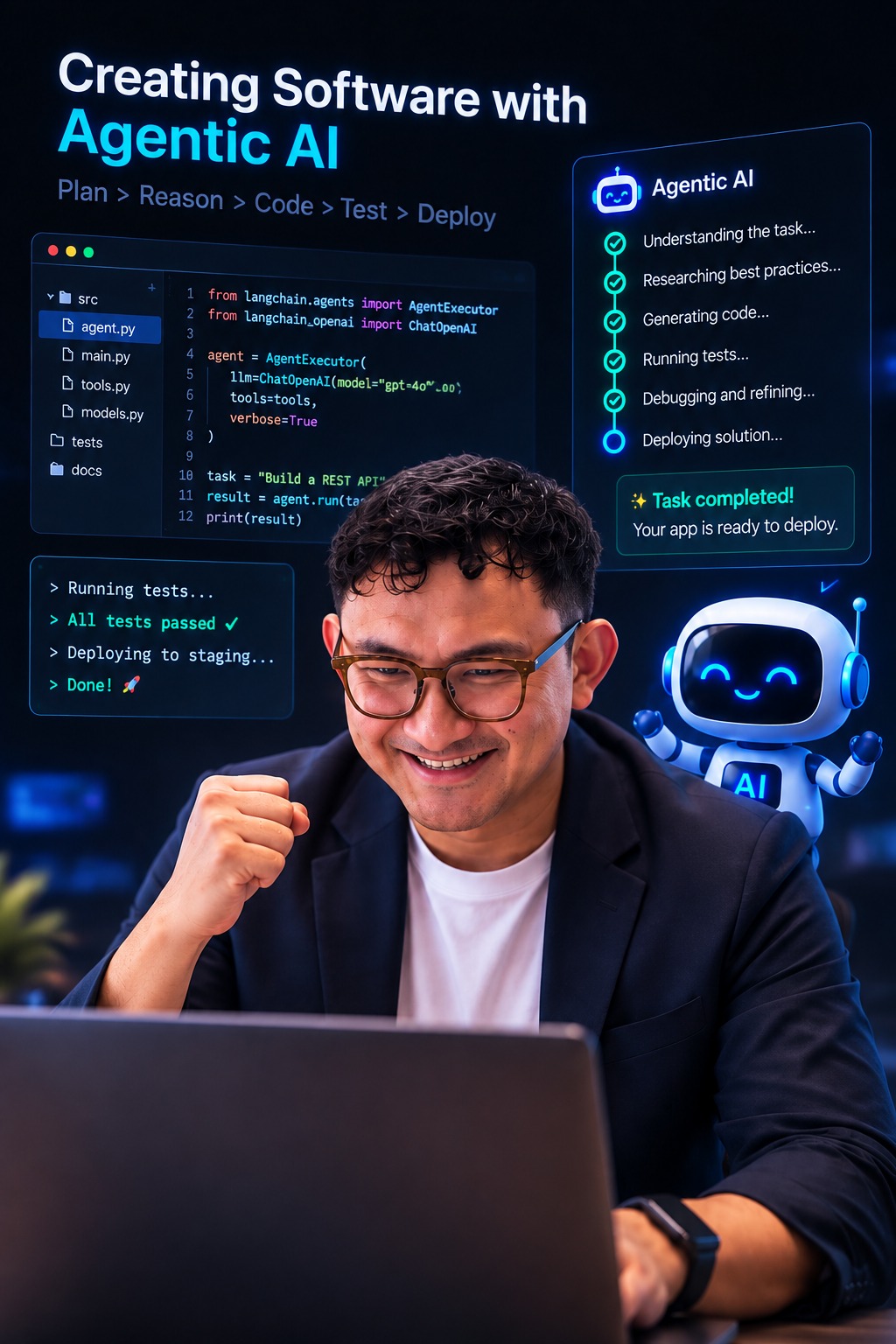 Ilustrasi membangun software dengan Agentic AI — dari rencana sampai deploy
