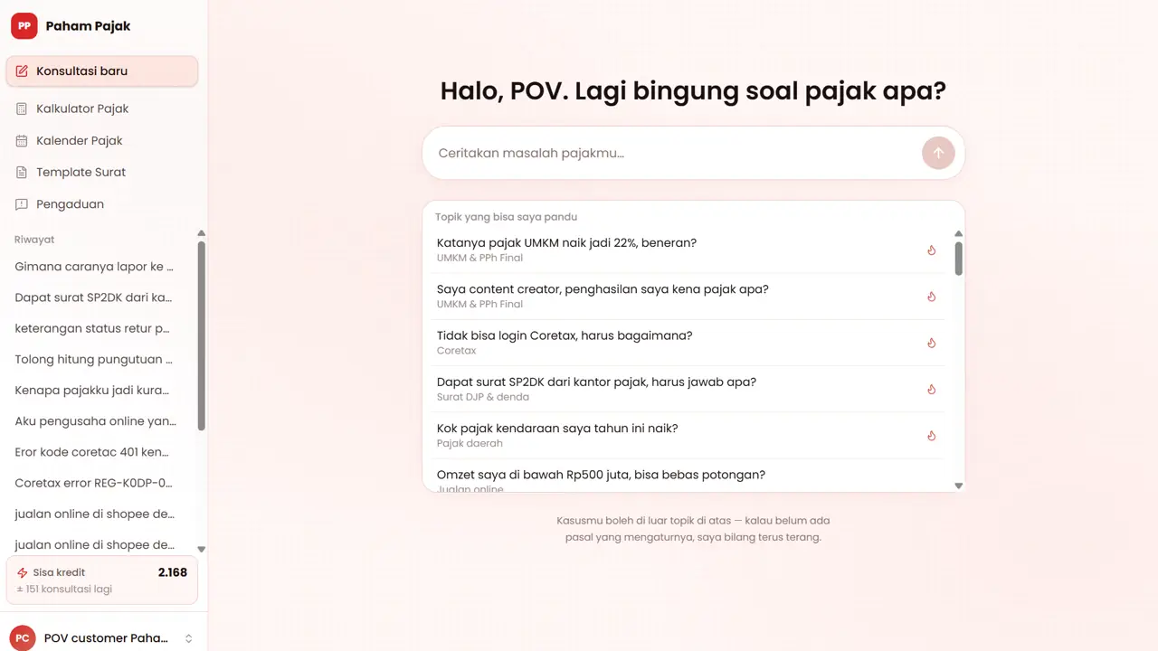 Tampilan aplikasi Paham Pajak: asisten konsultasi pajak berbasis AI